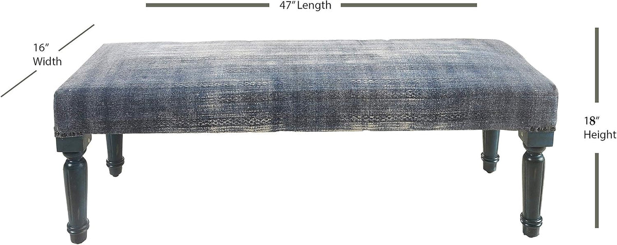 LR Home Blue Upholstered Bench End of Bed | Modern Distressed Accent Bench , or Hallway | 47" L x 16" W x 18" H