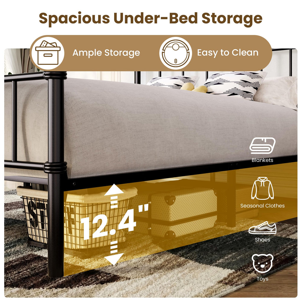 Metal Platform Bed Frame with Vintage Headboard