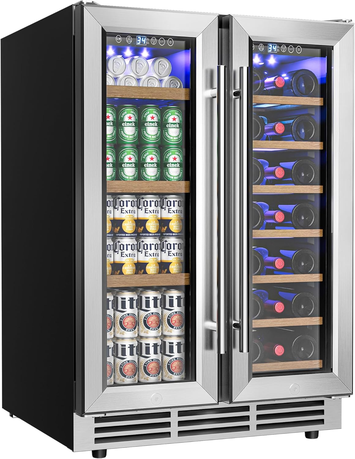 Wine and Beverage Refrigerator, 24 Inch Dual Zone Wine Cooler with Glass Door Hold 21 Bottles and 88 Cans