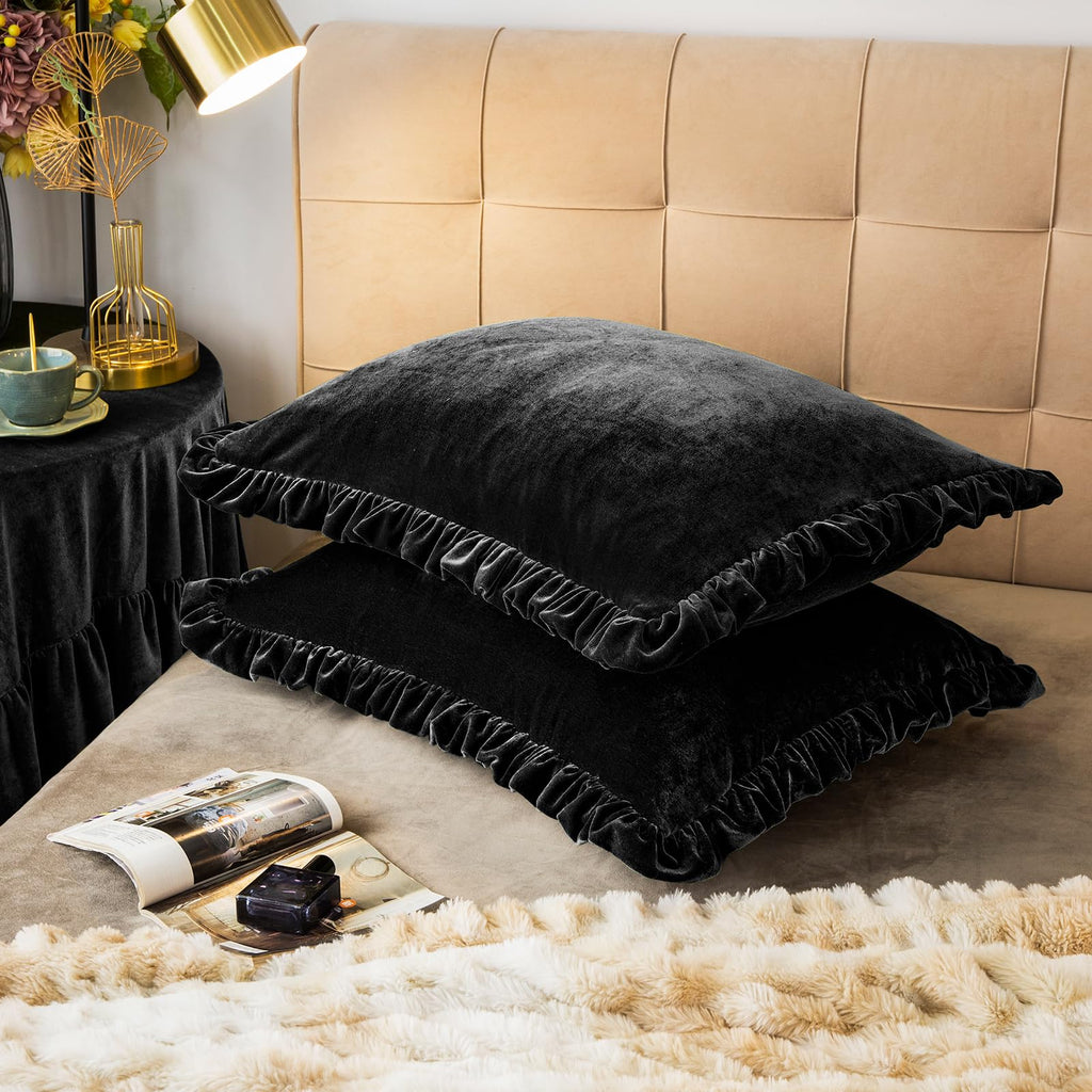 Velvet Pillow Shams Set of 2 Retro Ruffle Flounces Trim Soft Decorative Luxurious Solid Obsidian Black Farmhouse