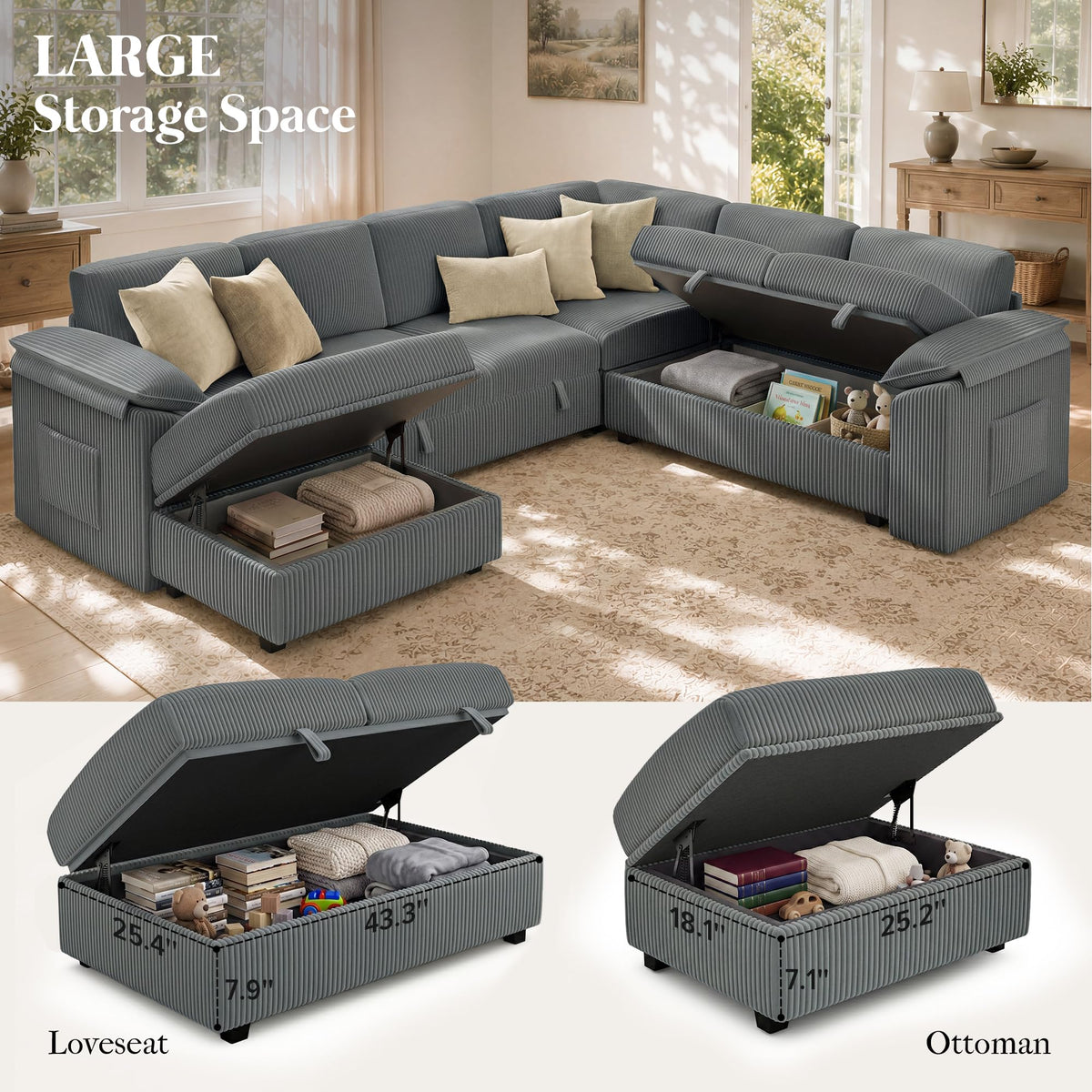 108" Modular Sectional Sleeper Sofa with Pull Out Bed, Dark Grey