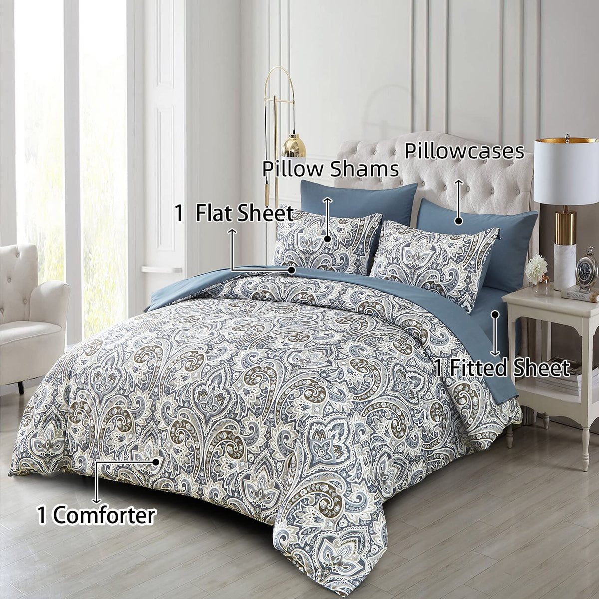 Blue Paisley Comforter Set King, 7 Pieces Bed in a Bag Comforter Boho Paisley Pattern Bedding Set Soft Microfiber(1