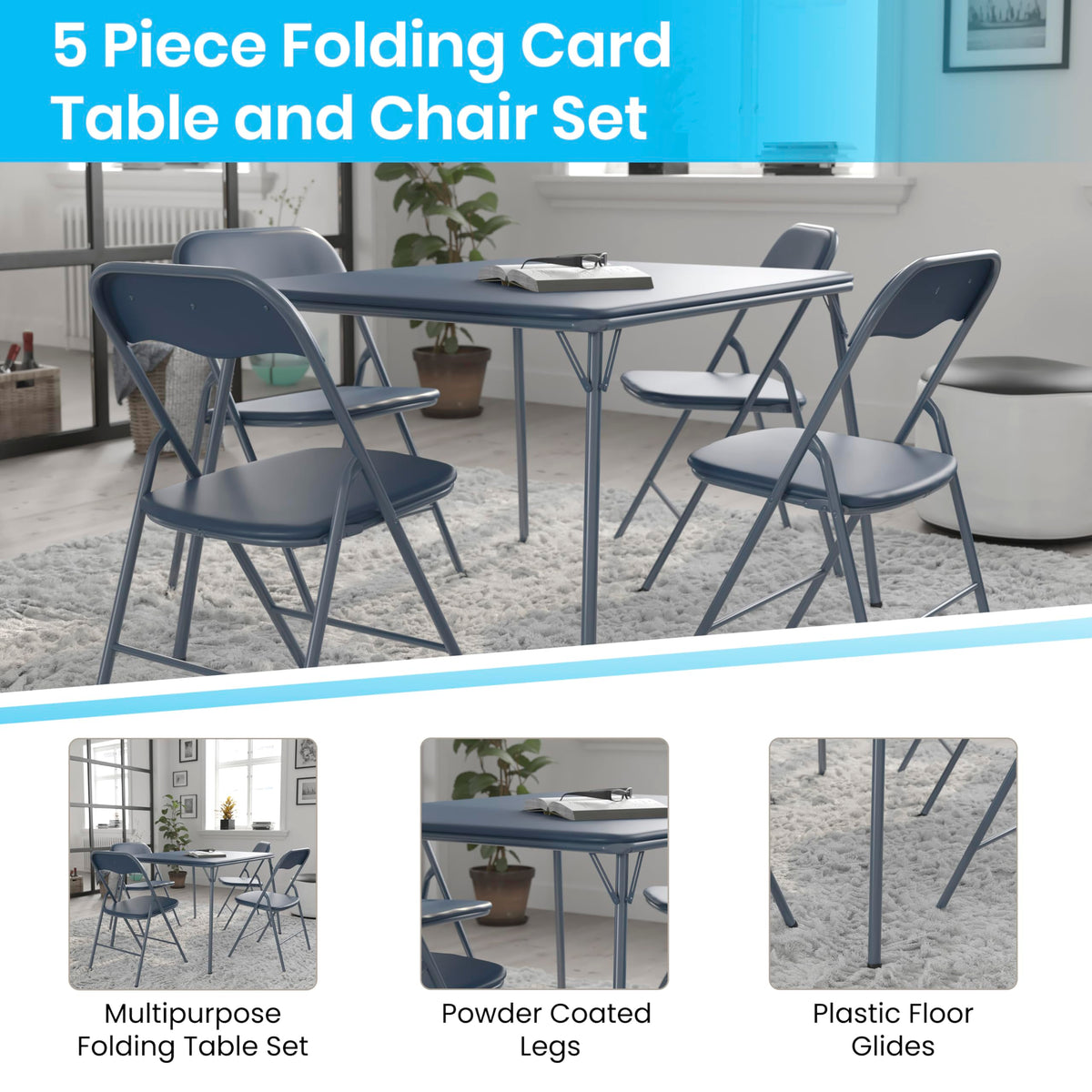 Madison 5-Piece Folding Card Table and Chair Set, Navy