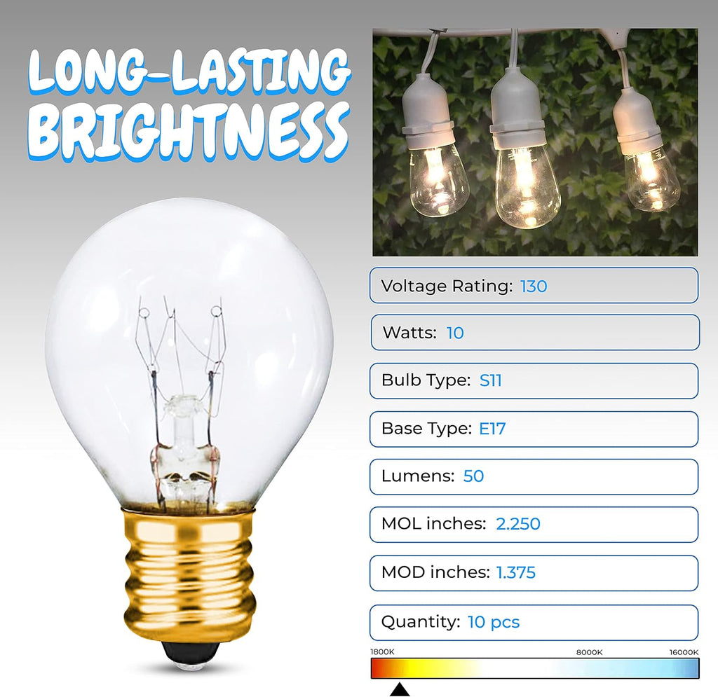 S11 White Clear Night Light Bulbs with E17 Base | 10W High-Efficiency Dimmable Bulbs | Ideal for Amusement