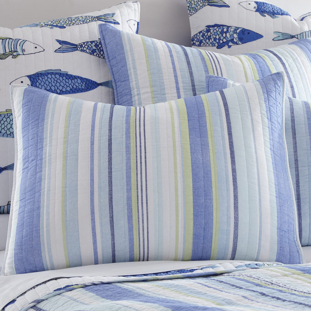 Catalina Quilt Set - Quilt (68x86in.) + One Standard Pillow Sham (26x20in.) - Striped Coastal Pattern in