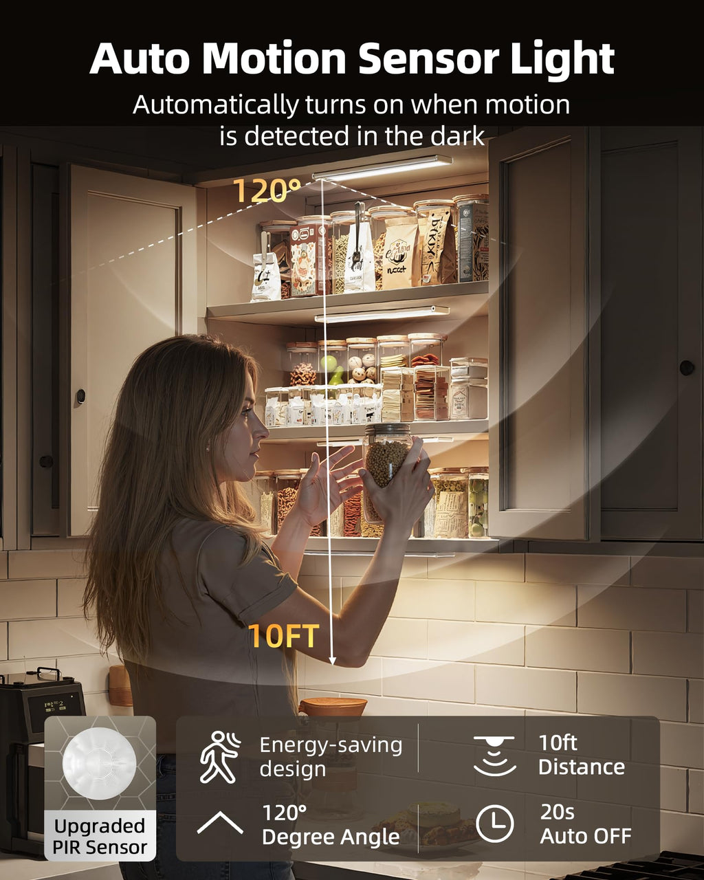 10inch Under Cabinet Lighting, 6-Pack Rechargeable Motion Sensor Light Indoor, Magnetic Closet Lights, Dimmable & 3