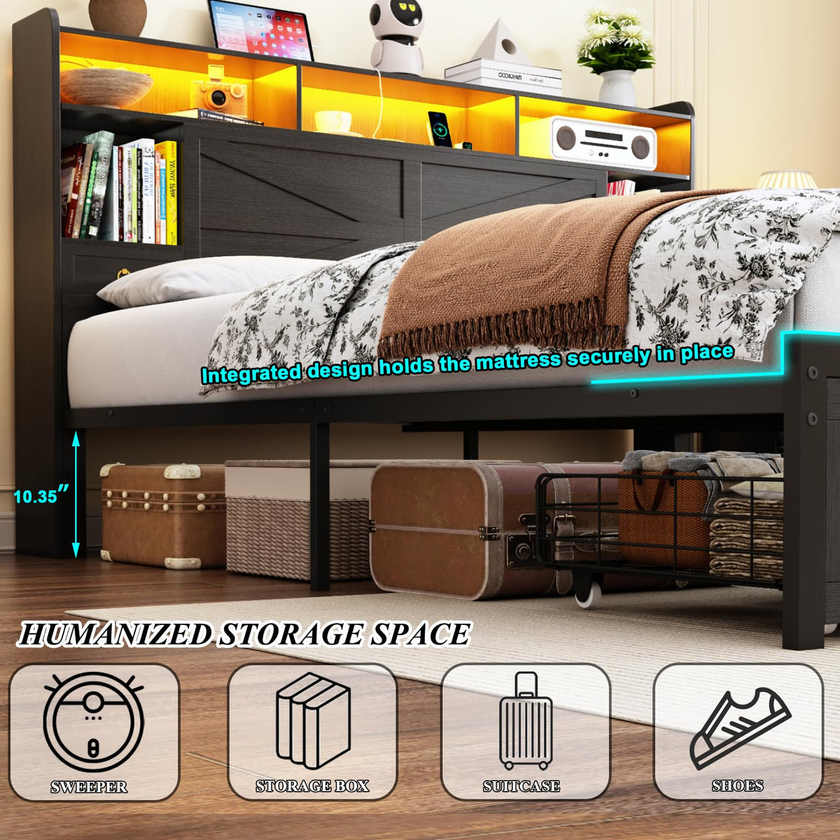 Bed Frame with Storage Headboard, Farmhouse Platform Bed Frame with Bookshelf, Drawers, LED Lights and Charging