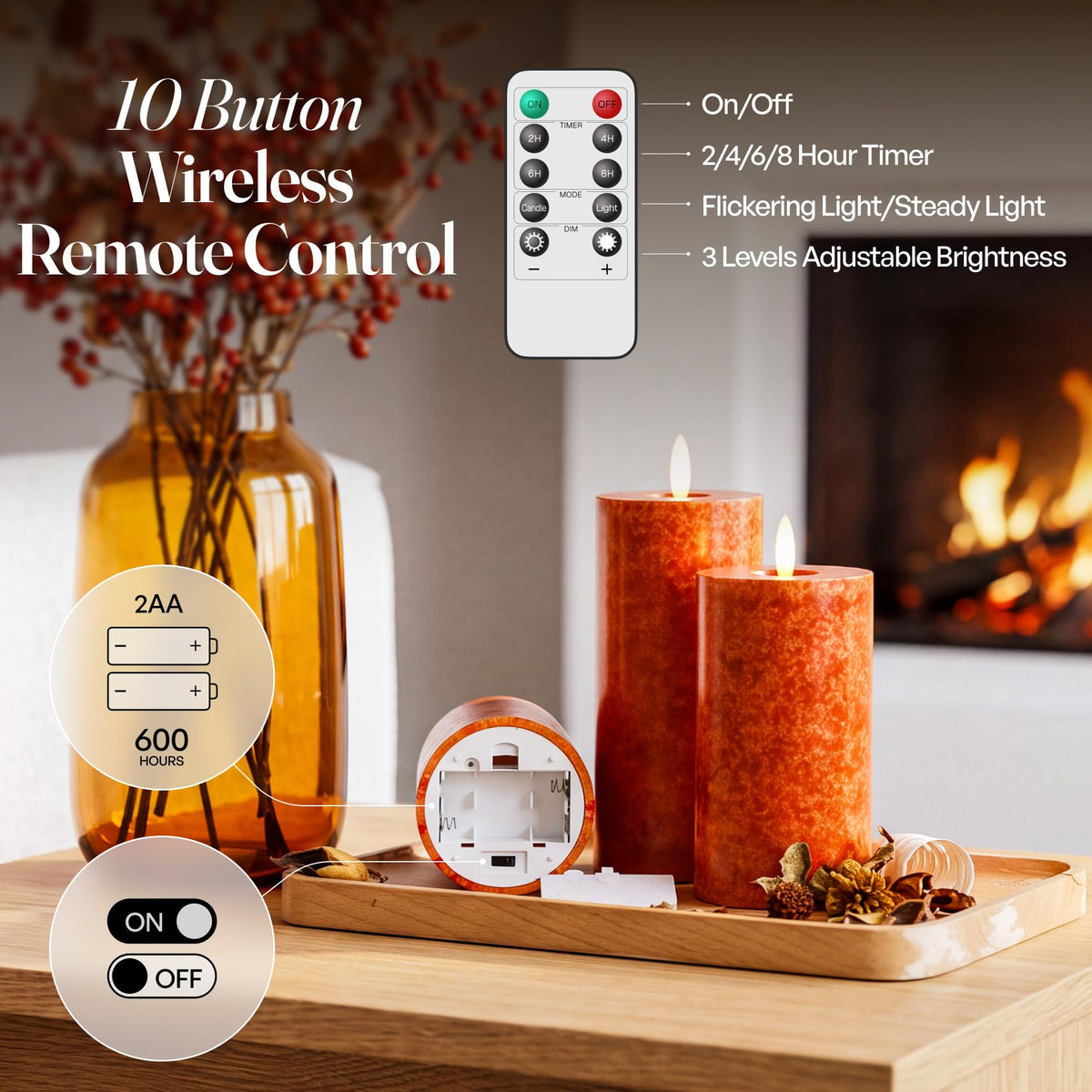 Mottled Orange Fall Flameless Candles with Remote and Timer, Real Wax Made LED Pillar Candles Battery Operated with