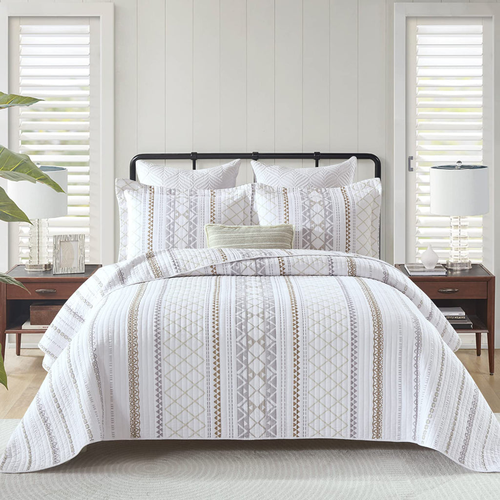 Quilt, 100% Cotton Quilt Bedding Set, Reversible Boho Striped Bedspreads Lightweight Comforter