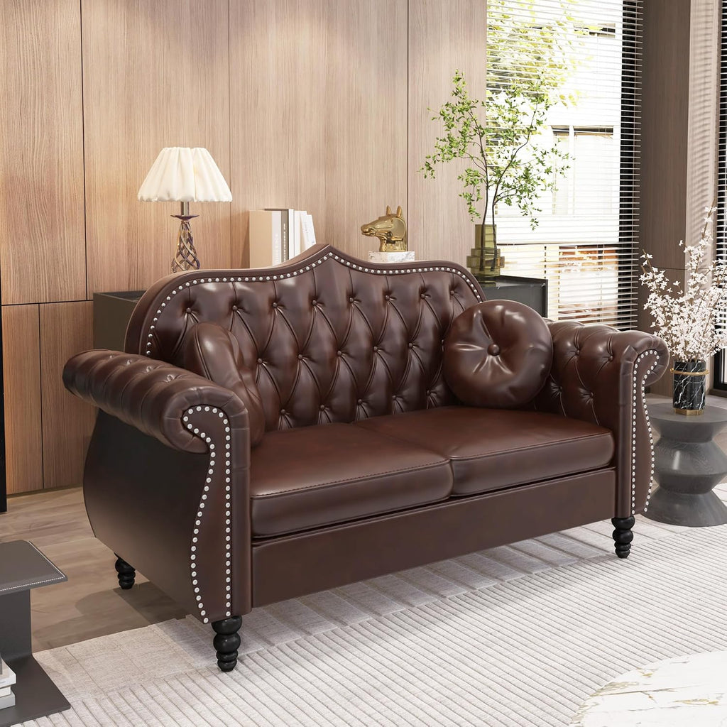 Chesterfield 3-Piece Tufted Faux Leather Living Room Sofa Set — Sofa, Loveseat & Armchair with Nailhead Trim, Brown
