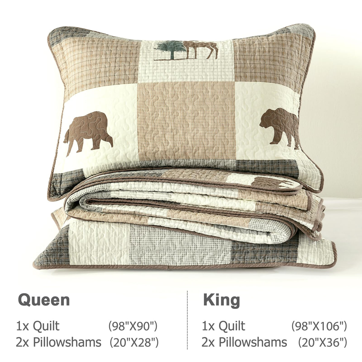 Quilts, 100% Cotton Quilt Set, Lodge Cabin Farmhouse Quilt, Brown Gray Beige Plaid Animal