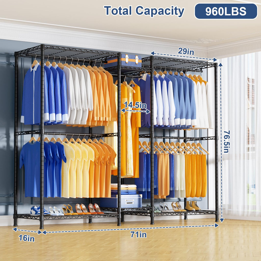E12 Pro Clothes Rack,Heavy Duty Freestanding Garment Rack with Shelves,Metal Clothing Closet Storage System for