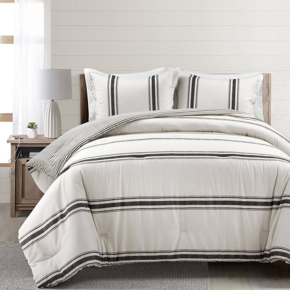 Farmhouse Stripe Reversible Cotton Comforter Set, 3 Piece Set, Black - Cozy Farmhouse Bedding Set - Rustic