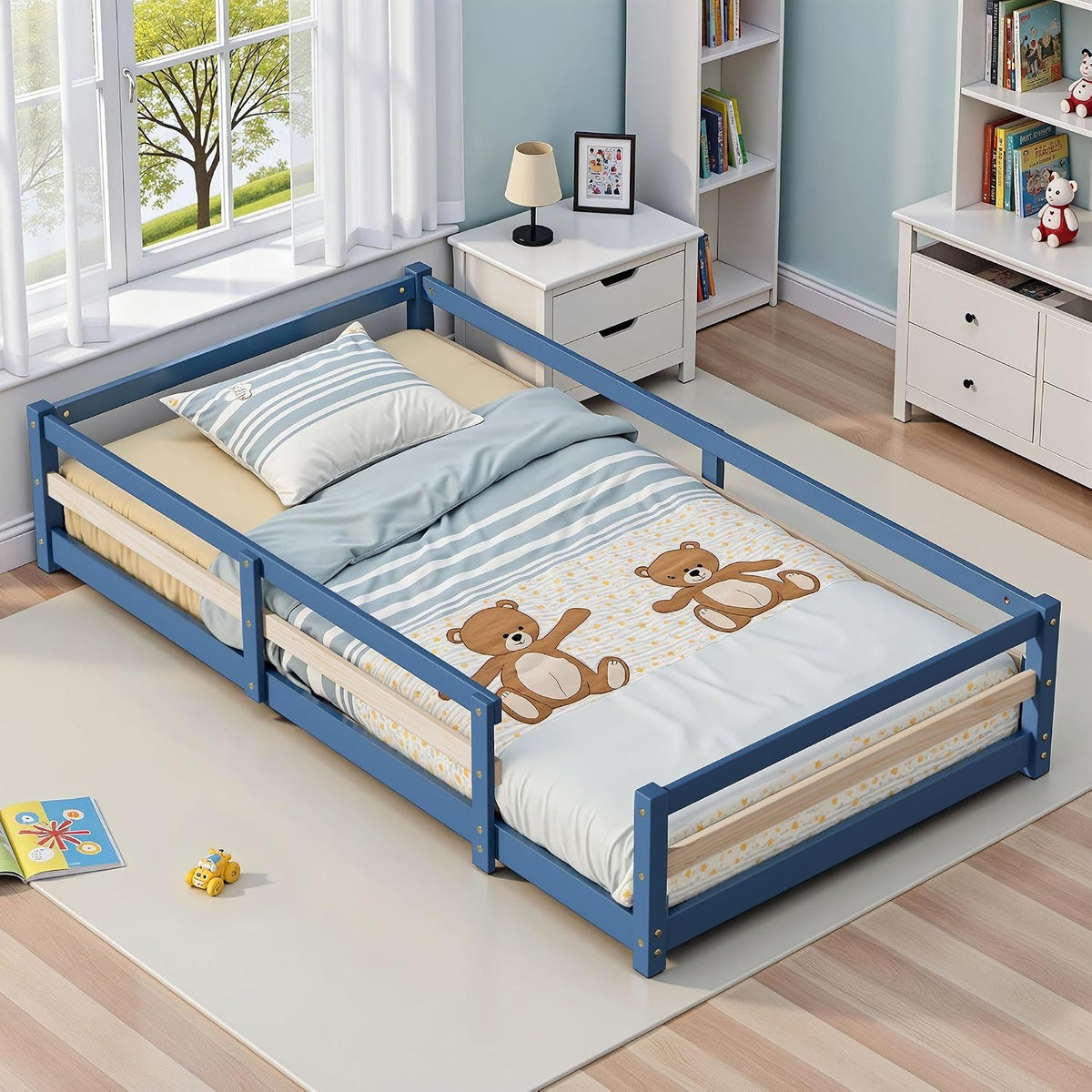 Montessori Bed, Solid Wood Floor Bed Frame with Safety High Fence, Montessori Floor Bed with Rails for Boys