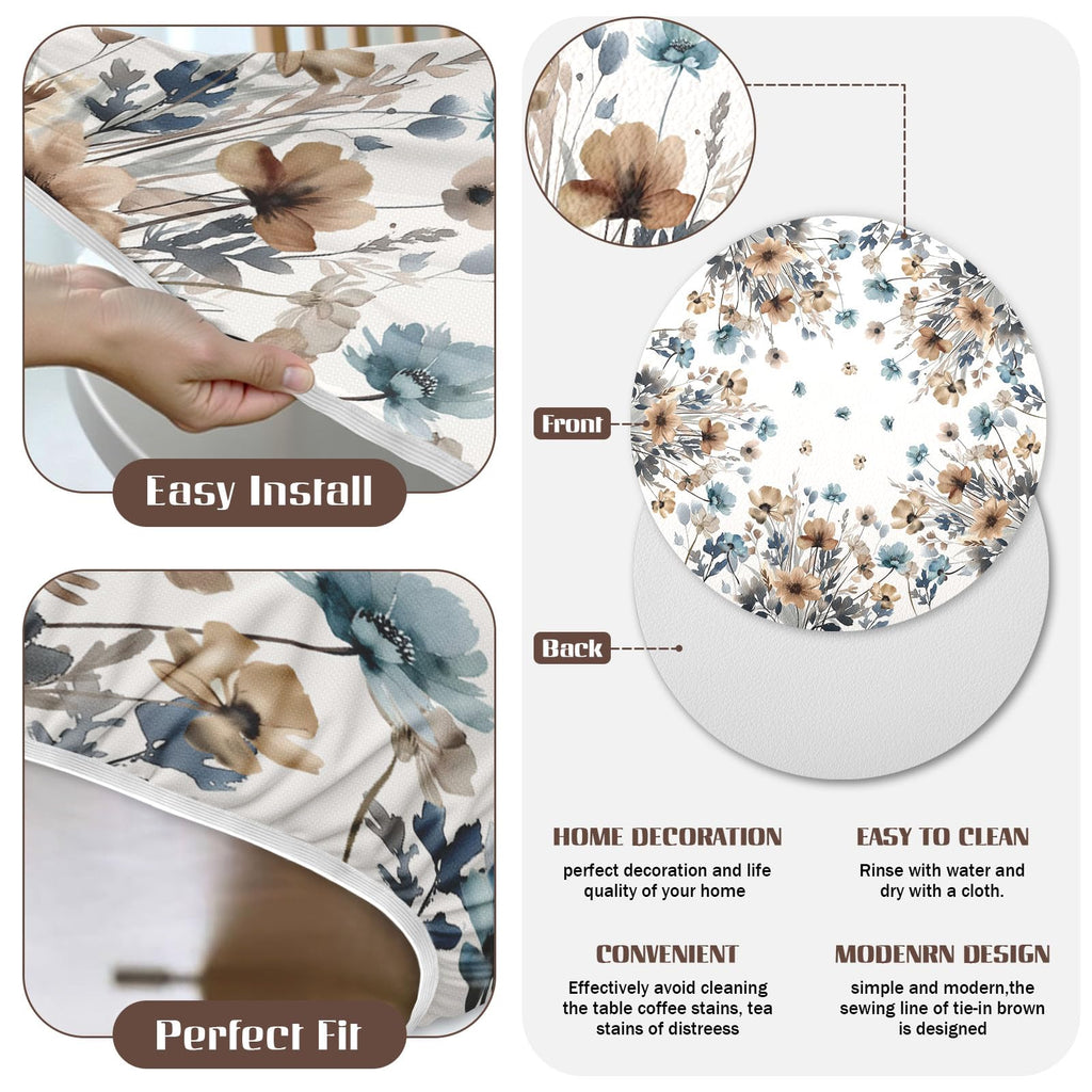 Floral Round Fitted Tablecloth with Elastic Edge Vintage Beige Blue Brown Wildflowers Leaf Table Cover for 44-48"