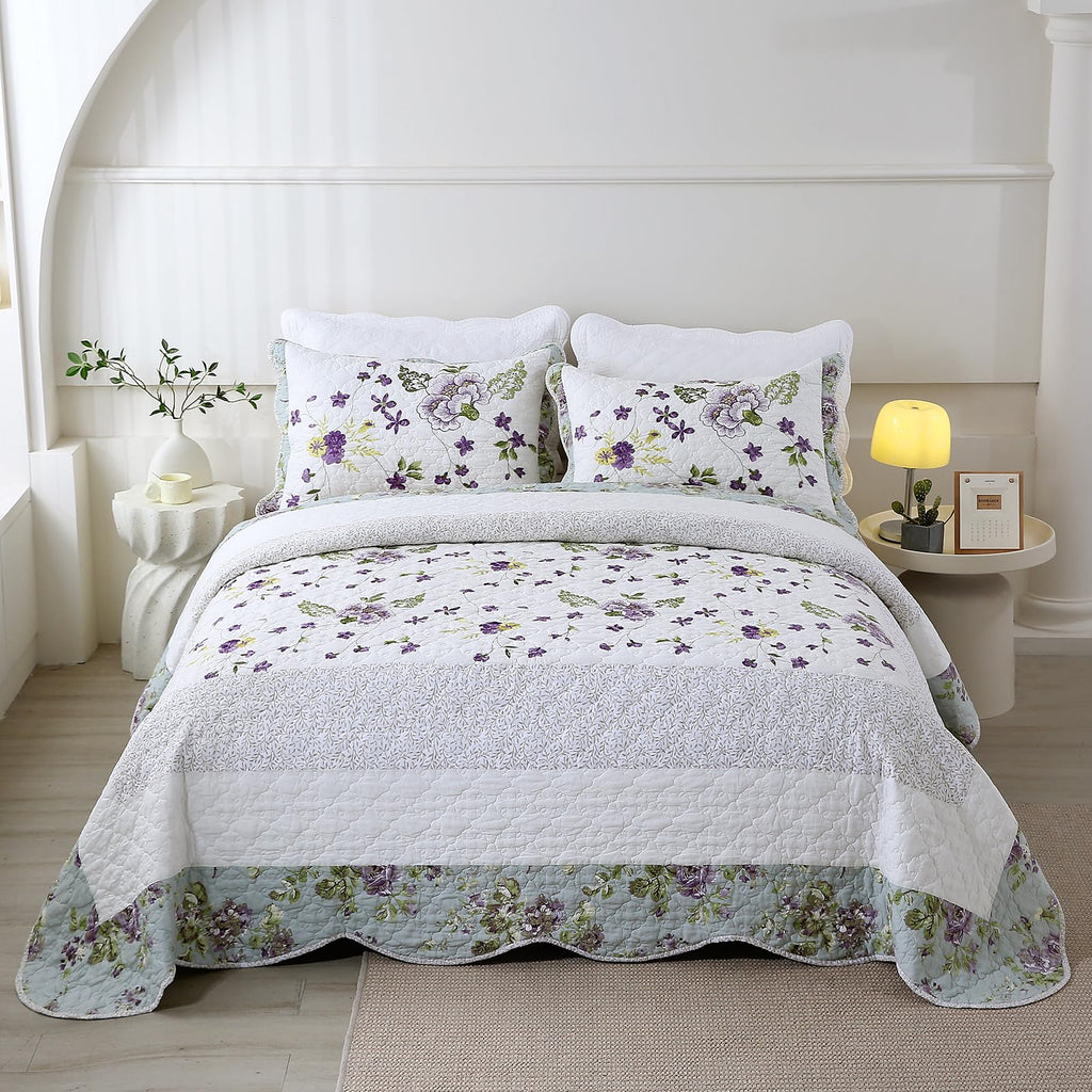 3-Piece Floral Embroidered Quilt Set Oversize Queen 100% Cotton Ultra Soft Elegant Reversible Bedspread Coverlet Set