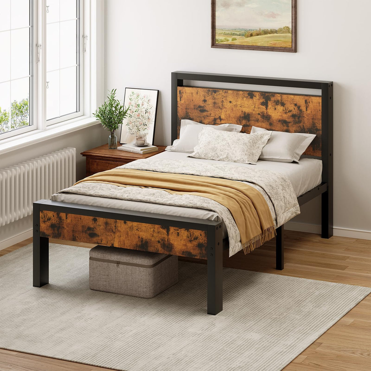 14 Inch Bed Frame with Wood Headboard, Rustic Brown
