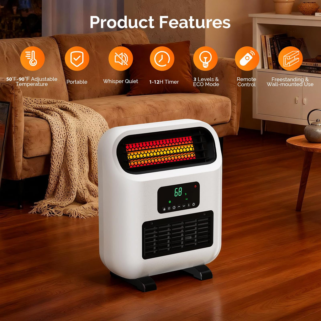 Wall-Mounted Heater with Remote Control, Floor or Wall Heater , 1500W Fast Heating & Adjustable Thermostat, Overheat