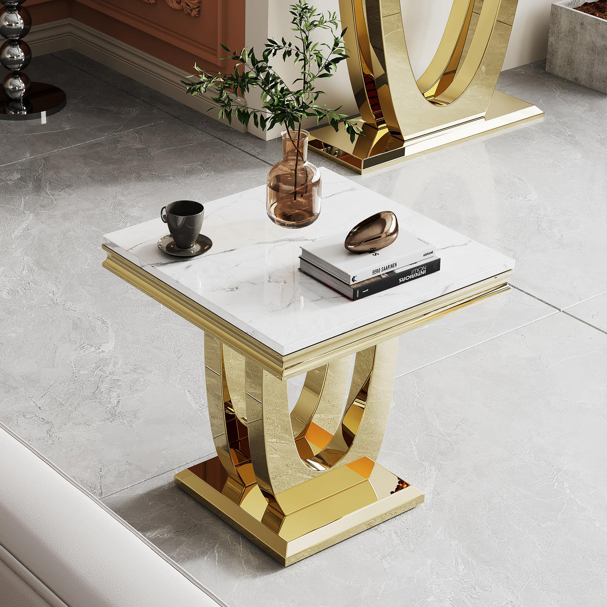 Inspired Saarinen Style Marble Luxury Gold Side Table with Geometric U-Shape Stainless Steel Pedestal Modern Square Sofa Side Table White