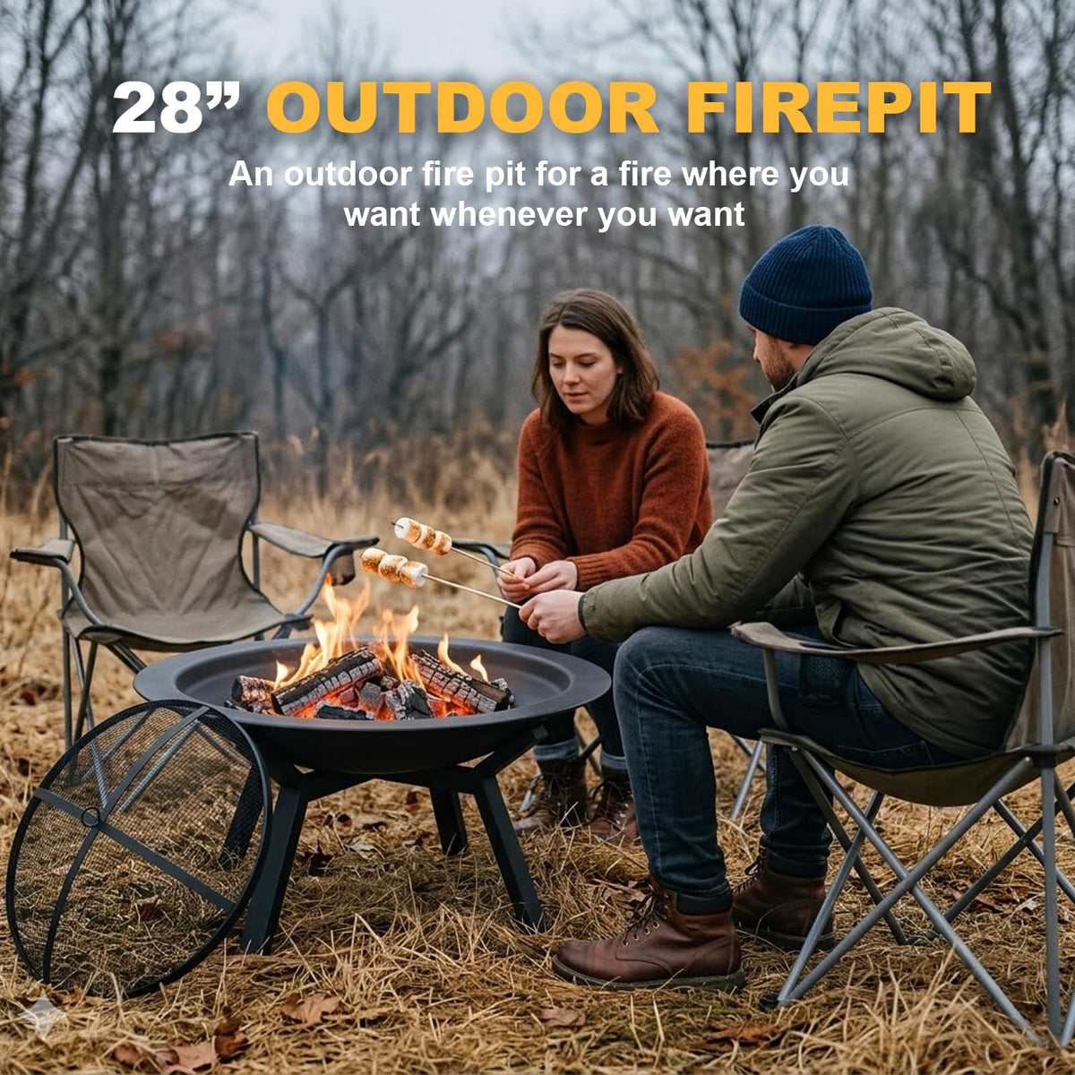 Outdoor Wood Burning Fire Pit, Heavy Duty Round Steel Fire Bowl for Backyard, Patio, Camping, Bonfire, Black Finish