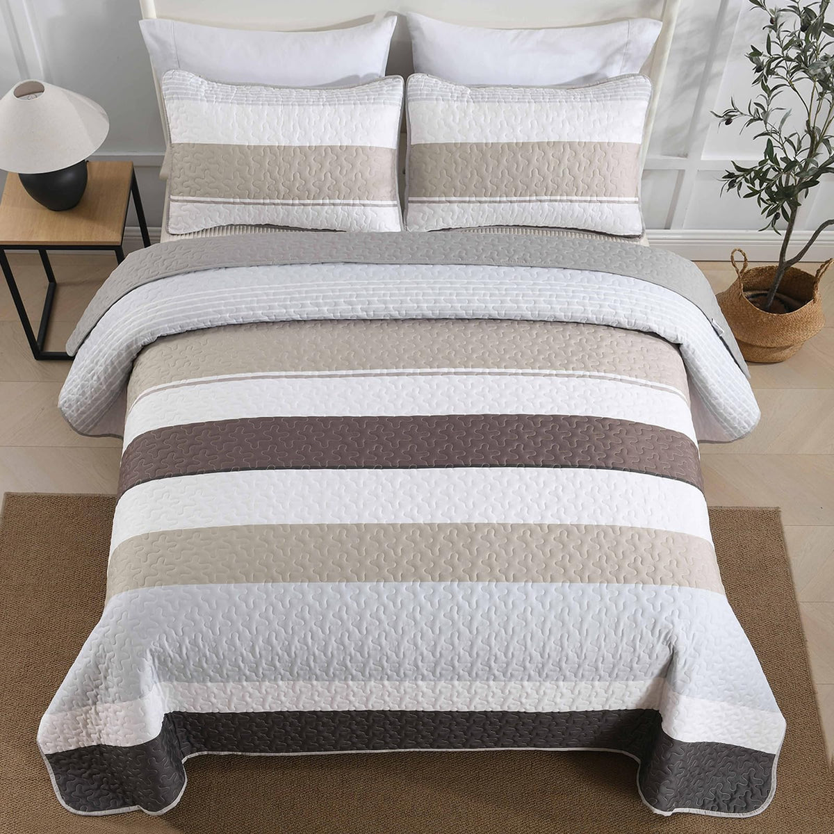 Boho Stripe Quilt Set, Grey Brown Lightweight Bedspread