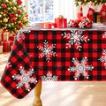 Christmas Rectangle Table Cloth, Waterproof Vinyl Tablecloth with Flannel Backing, Wipeable Bufflo Checked Snowflake