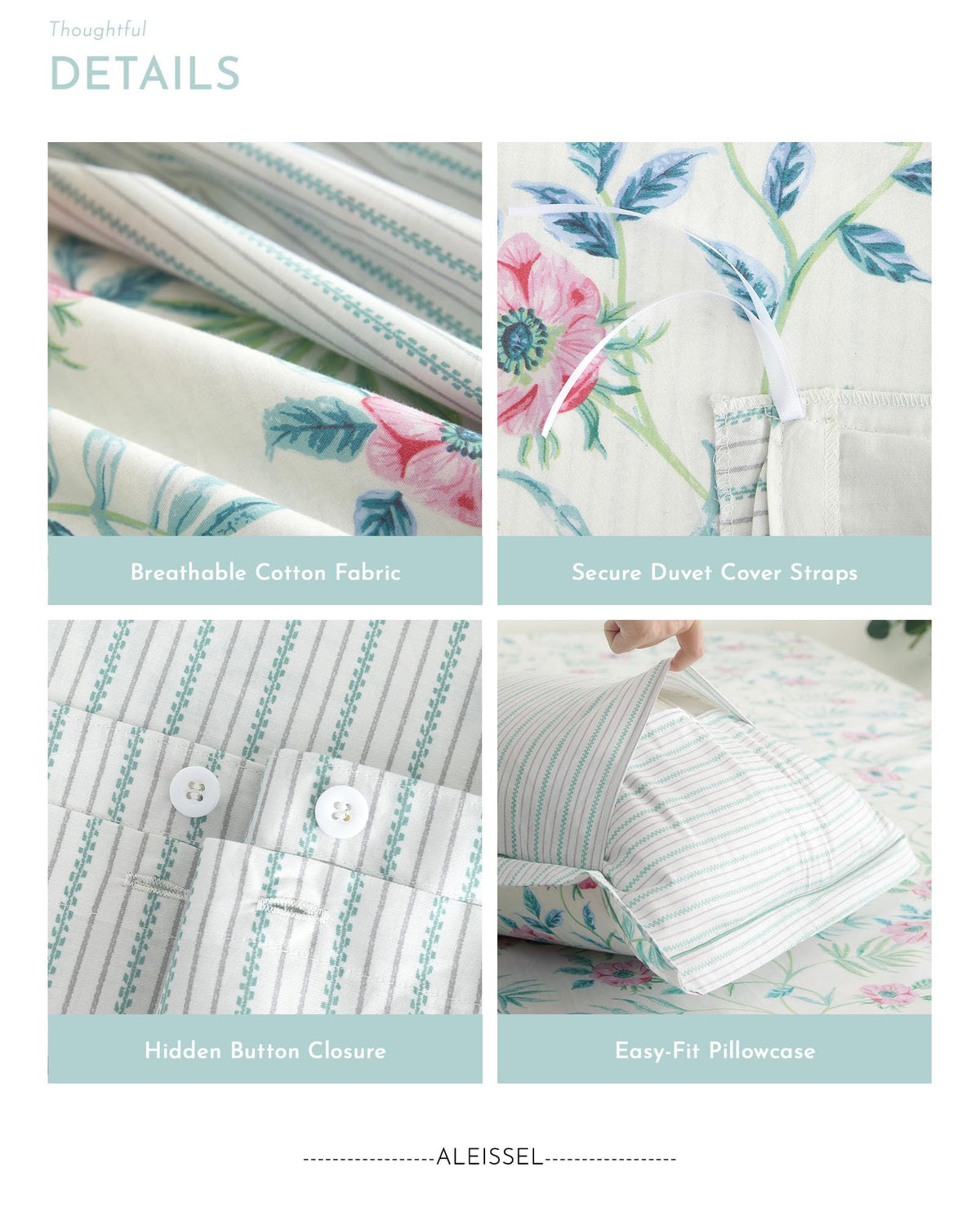 Fresh White & Aqua Botanical Cotton Duvet Cover Set 3PC