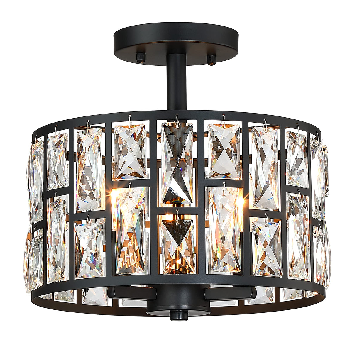 Farmhouse Crystal Round Semi Flush Mount Close to Ceiling Light Fixture, Drum Shade 3LT Ceiling Lamp Island Dinning