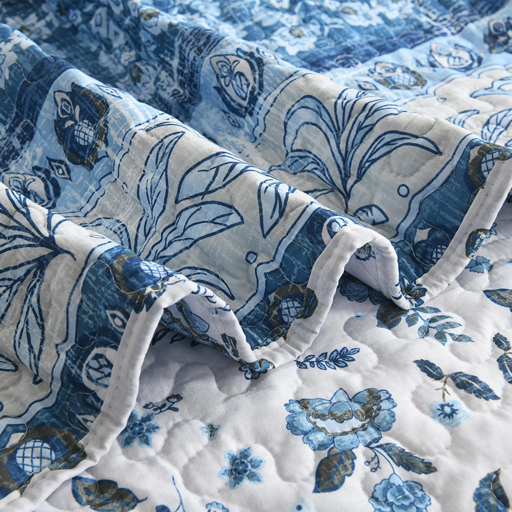 Boho Quilt Blue Bohemian Floral Quilt Bedding Set, Soft Lightweight Comforter Set for All Season