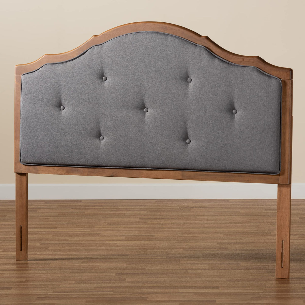 Gala Vintage Classic Traditional Dark Grey Fabric Upholstered and Walnut Brown Finished Wood Queen Size Arched