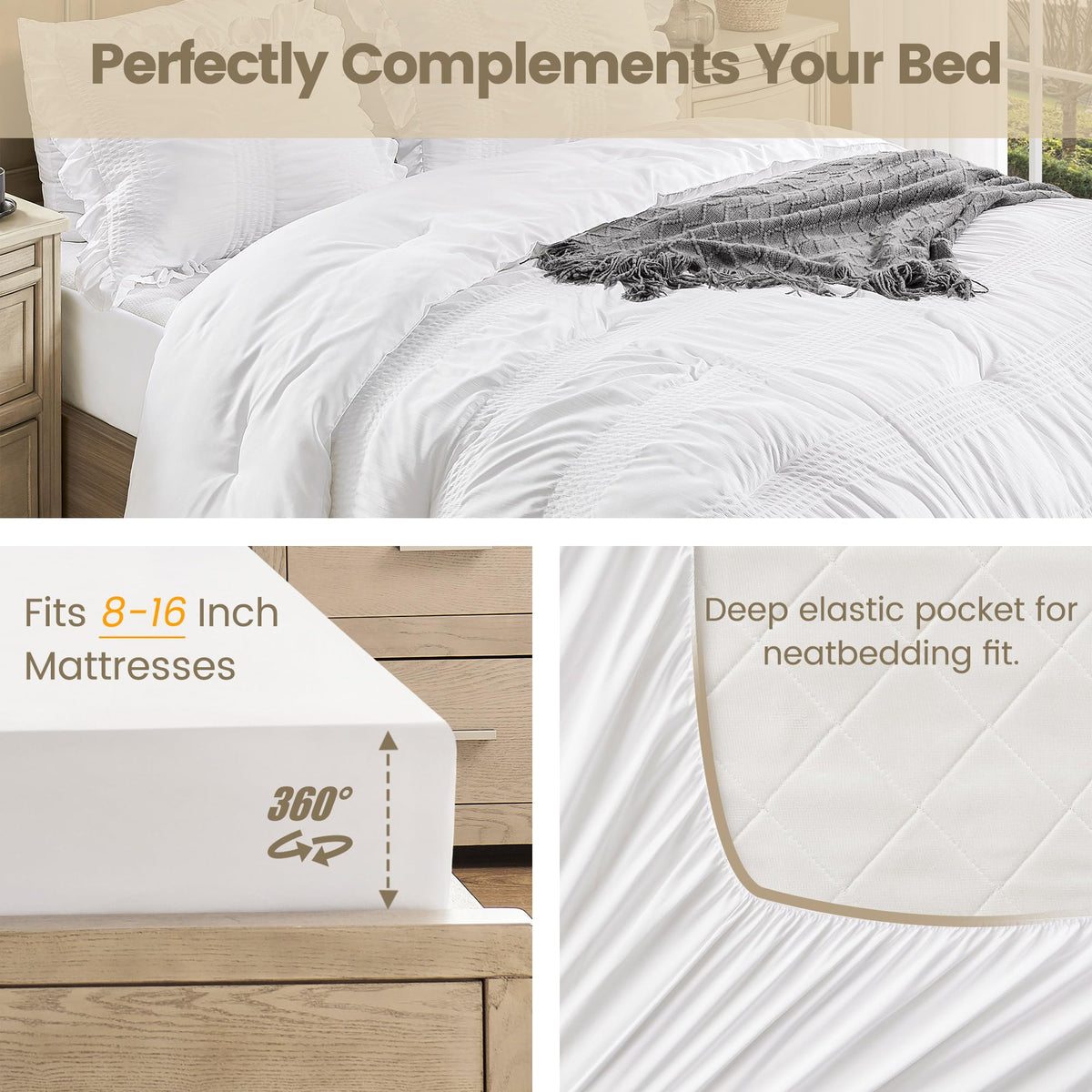 Comforter Set Seersucker, 7 Pieces White Ruffle Bed in a Bag