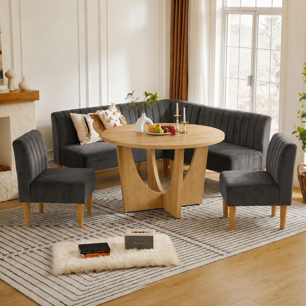 Breakfast Nook Table Set, Farmhouse 5-Piece Round Dining Table Set with Bench Seating, 47" Kitchen Nook Furniture for