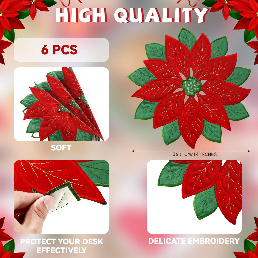 Christmas Poinsettia Placemats Set of 6, 14 Inch Embroidered Table Mats