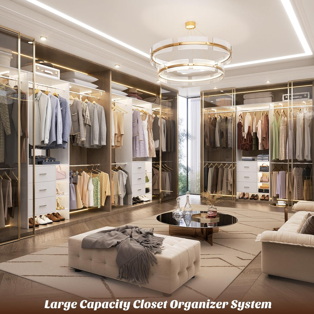 Closet System, Closet Organizer with 3 Wooden Drawers, 8FT Closet Organizer System, 96'' Walk-in Closet Wardrobe