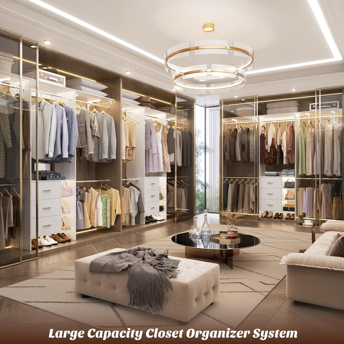Closet System, Closet Organizer with 3 Wooden Drawers, 8FT Closet Organizer System, 96'' Walk-in Closet Wardrobe