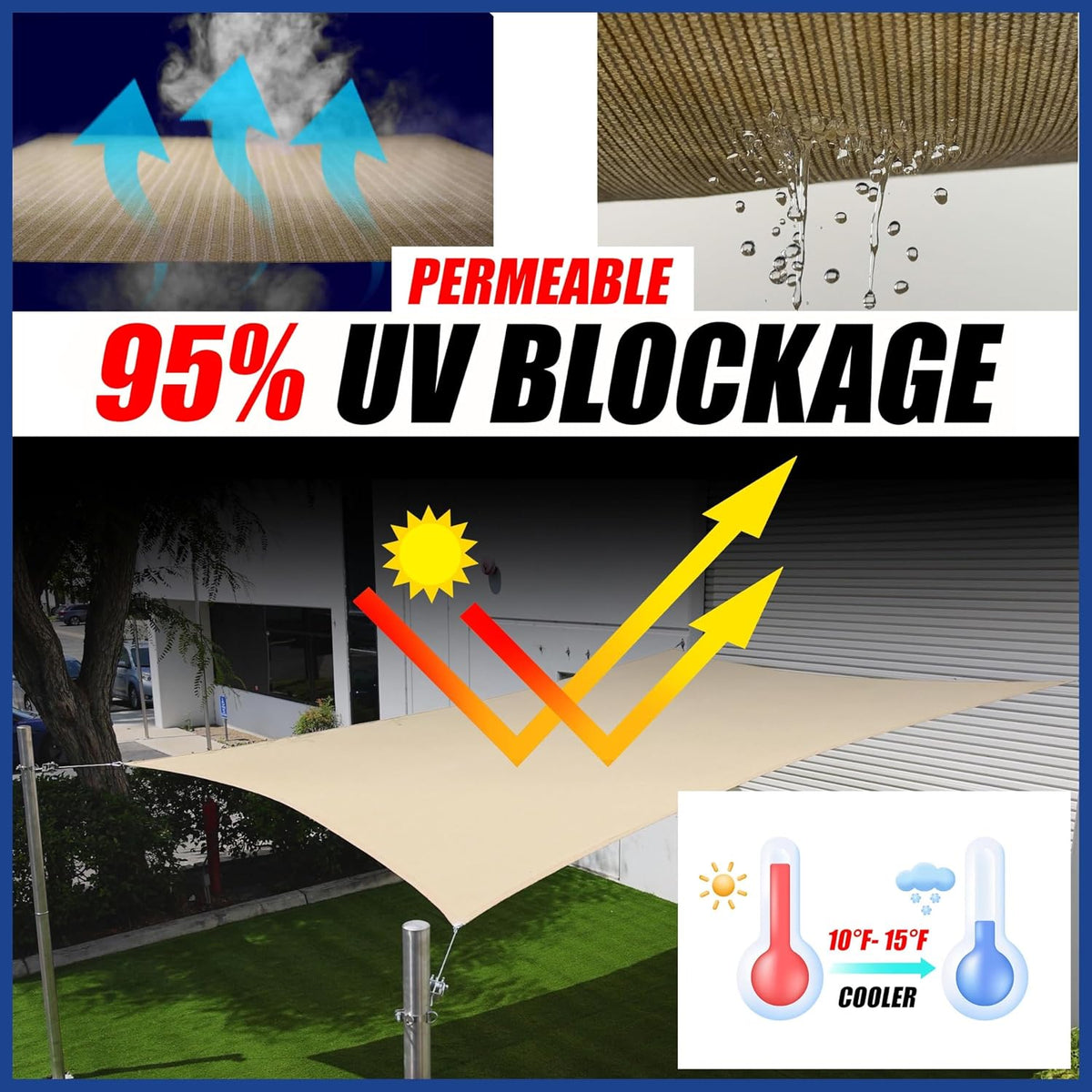 14' x 18' Beige Sun Shade Sail Rectangle Canopy Fabric Cloth Screen smTAPR1418, Water and Air Permeable & UV