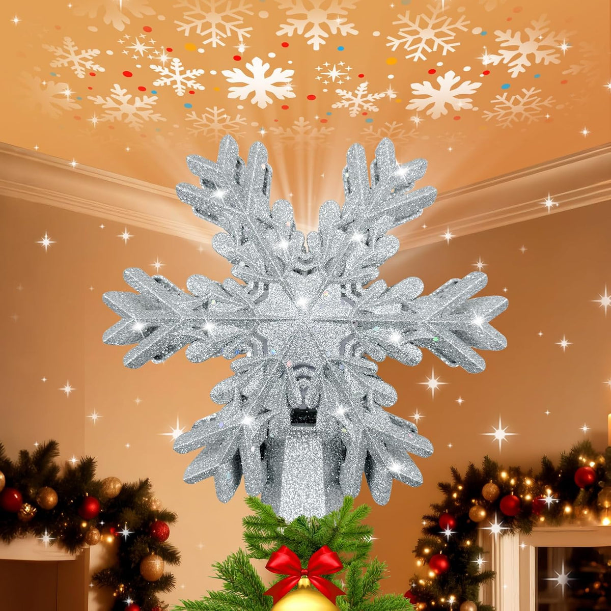 Tree Topper Lighted with LED Rotating Silver Snowflake Projector, 3D Hollow Glitter Lighted Silver Snow Christmas