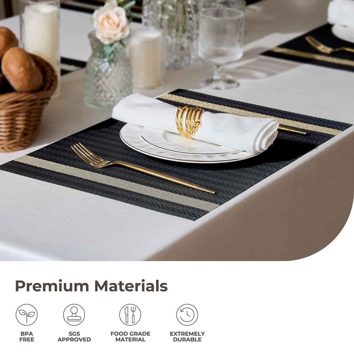 Woven Vinyl Placemats Set of 6,Black Striped