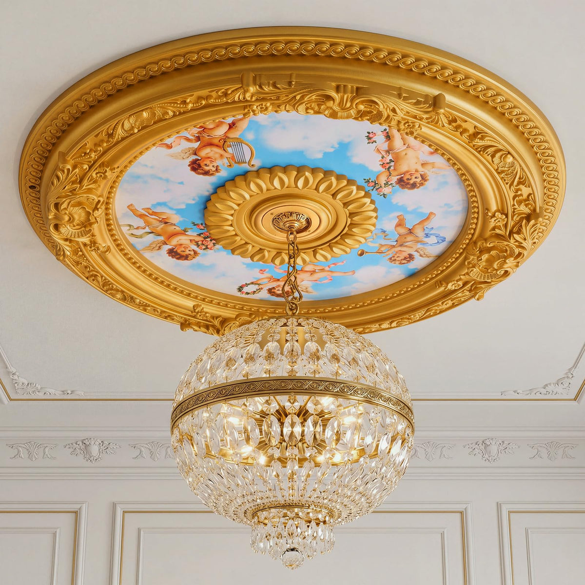 24" OD X 3.94" ID White Ceiling Medallion, Round Fluted Floral