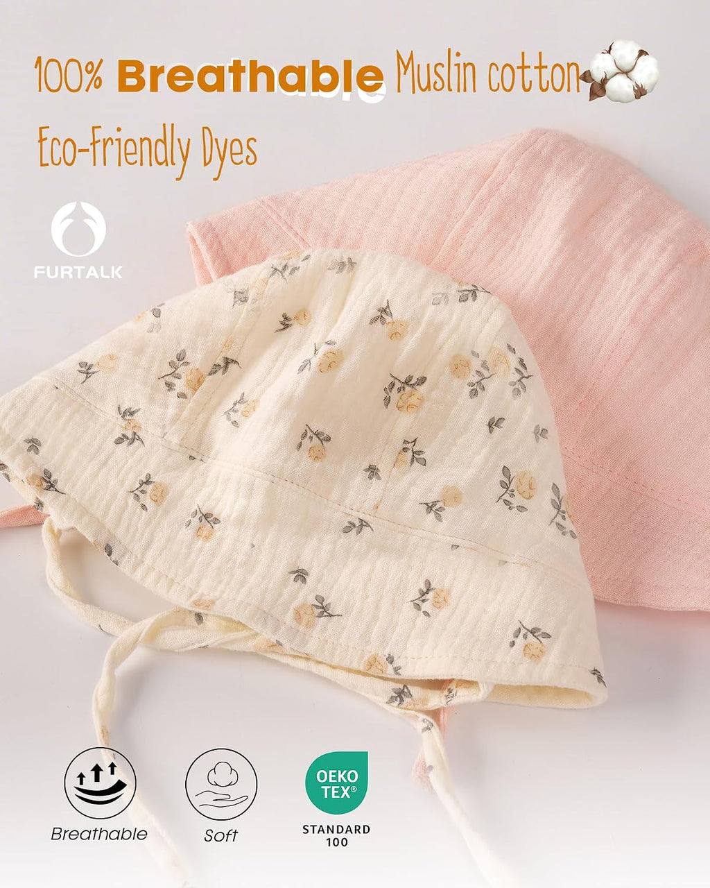Baby Bonnet Muslin Cotton Soft Adjustable Chin Strap for Infant Boys Girls