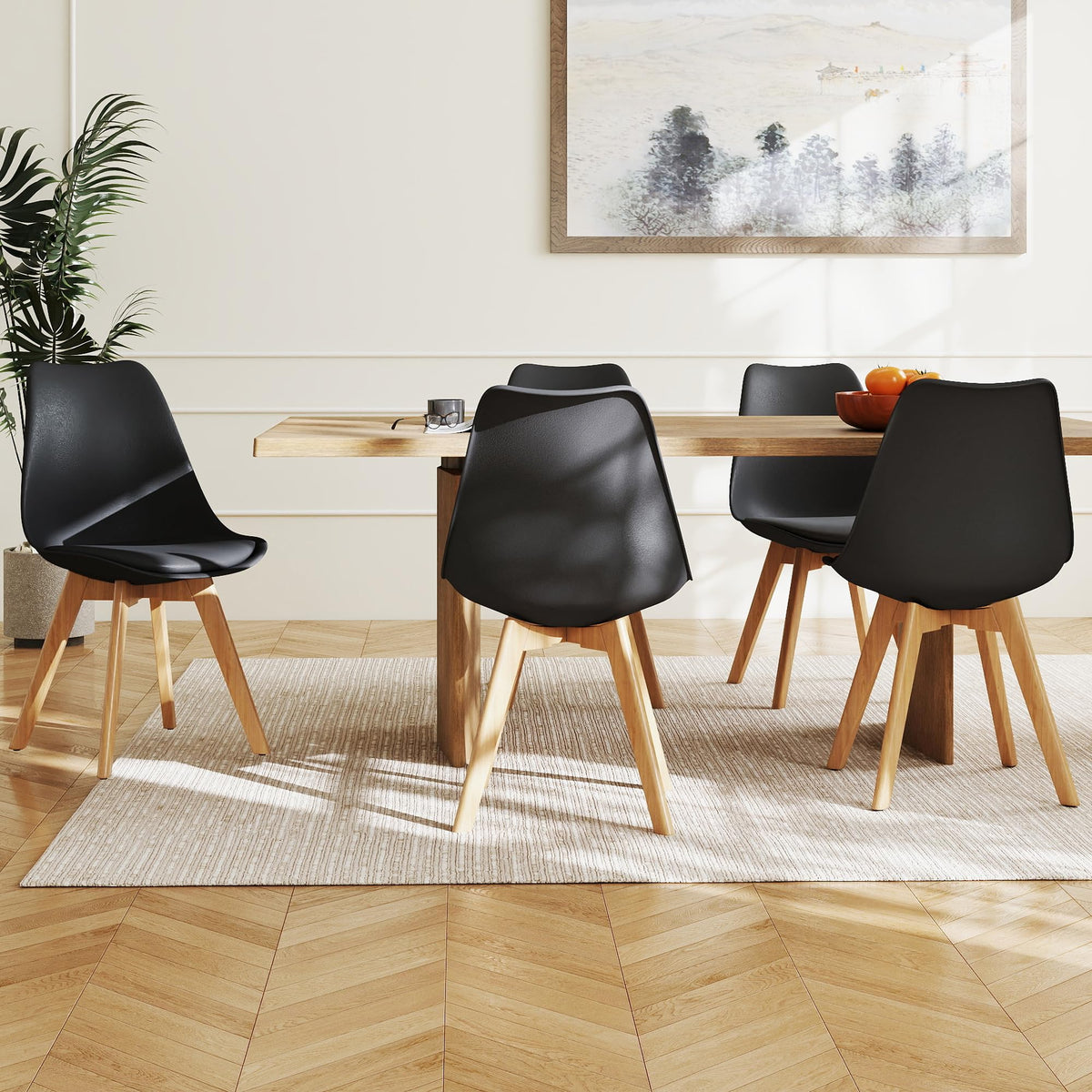 Mid Century Modern Shell Dining Chairs with Wood Legs, 2PCS, Black