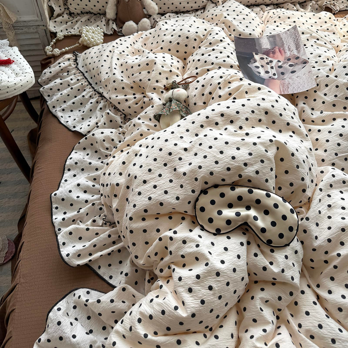 Chic Black Polka Dot Ruffled Beige Duvet Cover