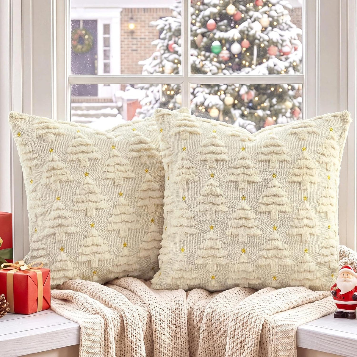 Christmas Pillow Covers 18x18, Beige Xmas Home Decor - Set of 2