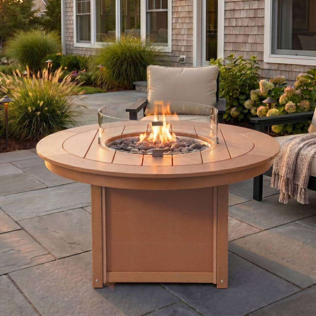 47" Modern Outdoor 55, 000 BTU Patio Backyard Round Propane Fire Pit Table (Rocks Not Included), Teak