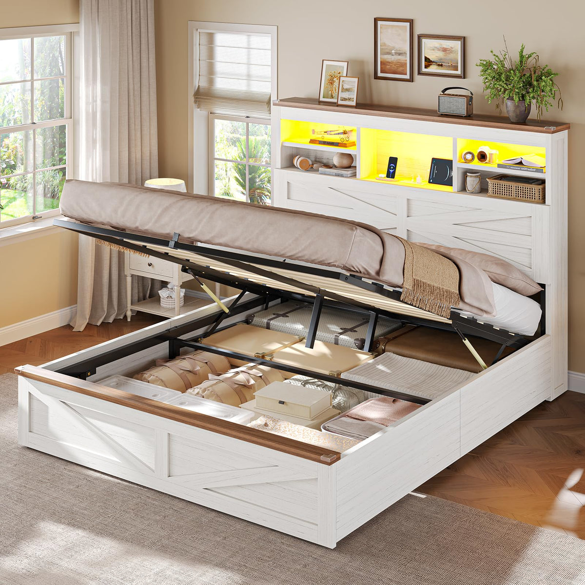 Farmhouse Bed Frame with Lift Up Storage, Antique White