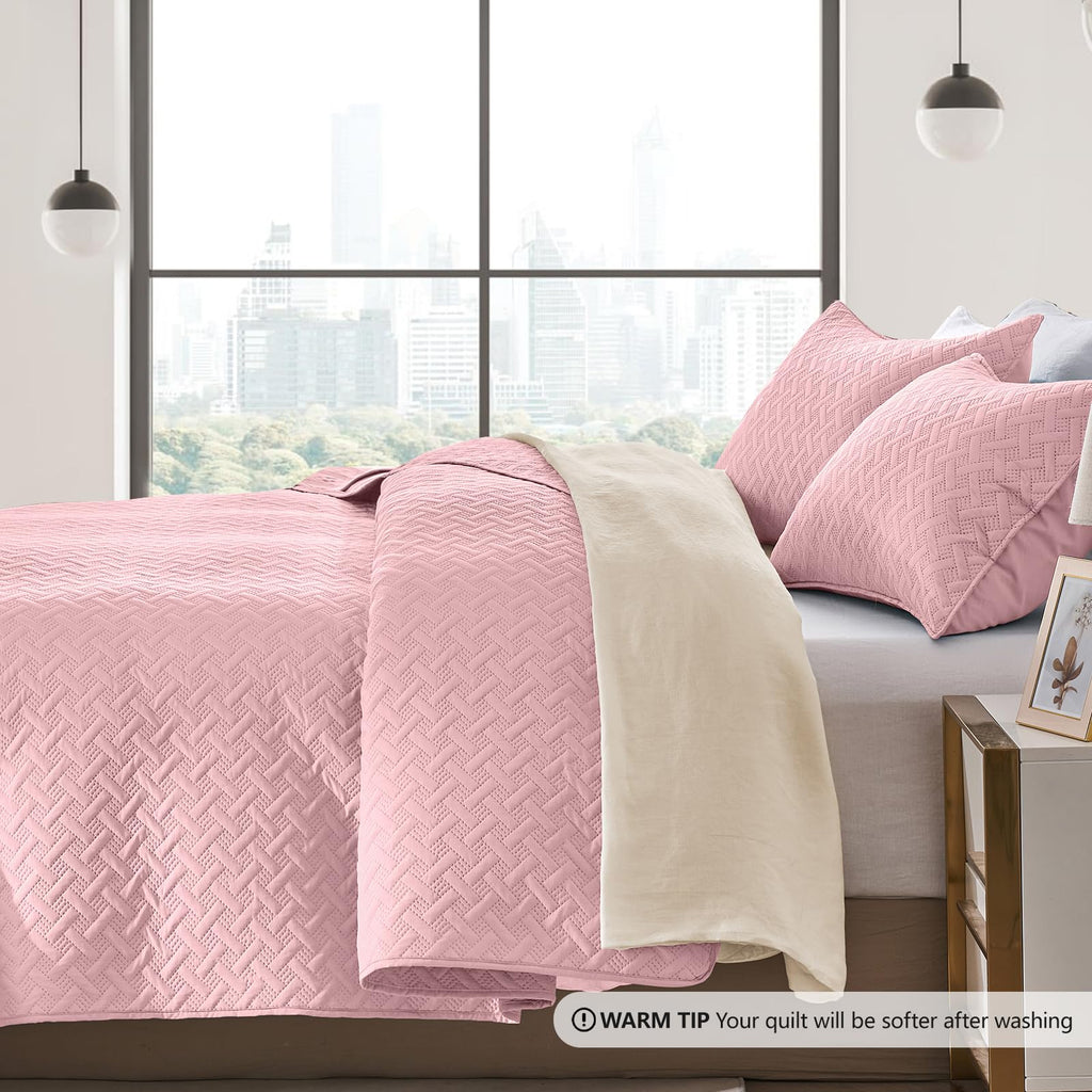 Quilt Bedding Set Pink Lightweight Bedspreads Set, Modern Style Geometric Weave Stripe Pattern, Soft