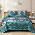 Boho Quilt Set, 3 Pcs Teal Aztec Lightweight Bedspread