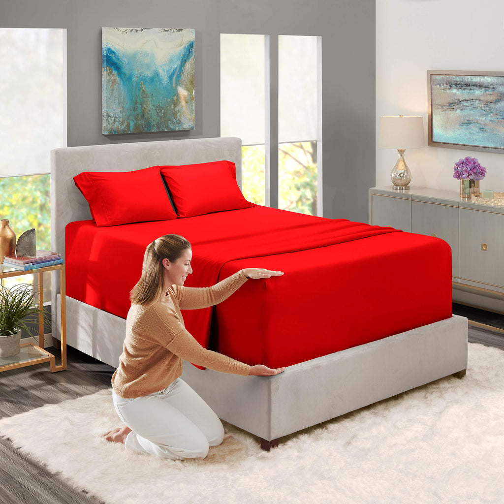 Extra Deep Pocket Sheet Set - Cherry Red, 4 Piece, Microfiber, 18-24 Inches Deep, Stripe Pattern