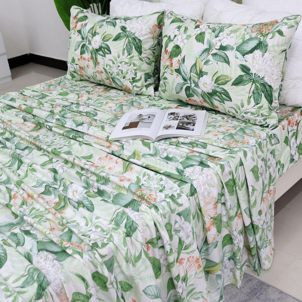 Green Floral Sheet Set King, 100% Cotton Pink Flower Printed Sheets Green Leaves Pattern Sheets Botanical Shabby