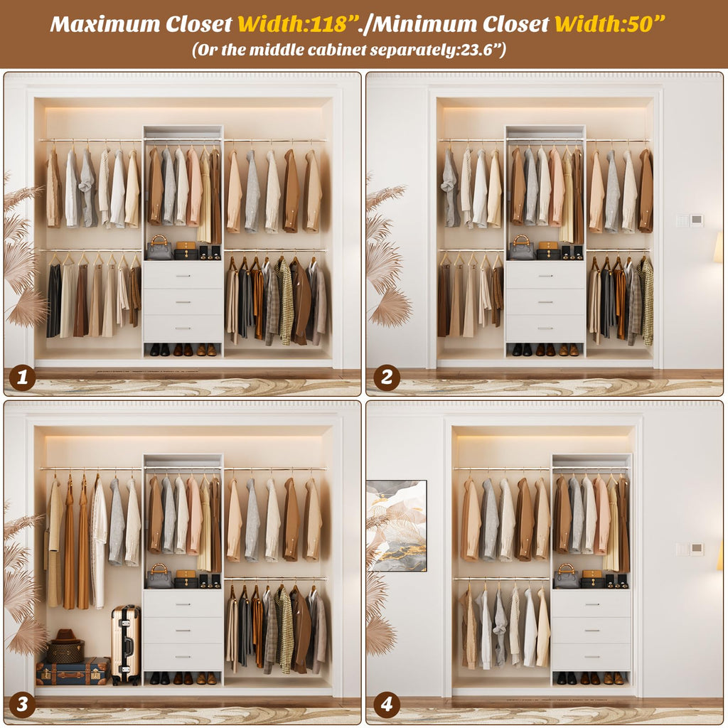 Closet System, Closet Organizer with 3 Wooden Drawers, Closet Organizer System, Walk-in Closet Wardrobe Clothes Rack
